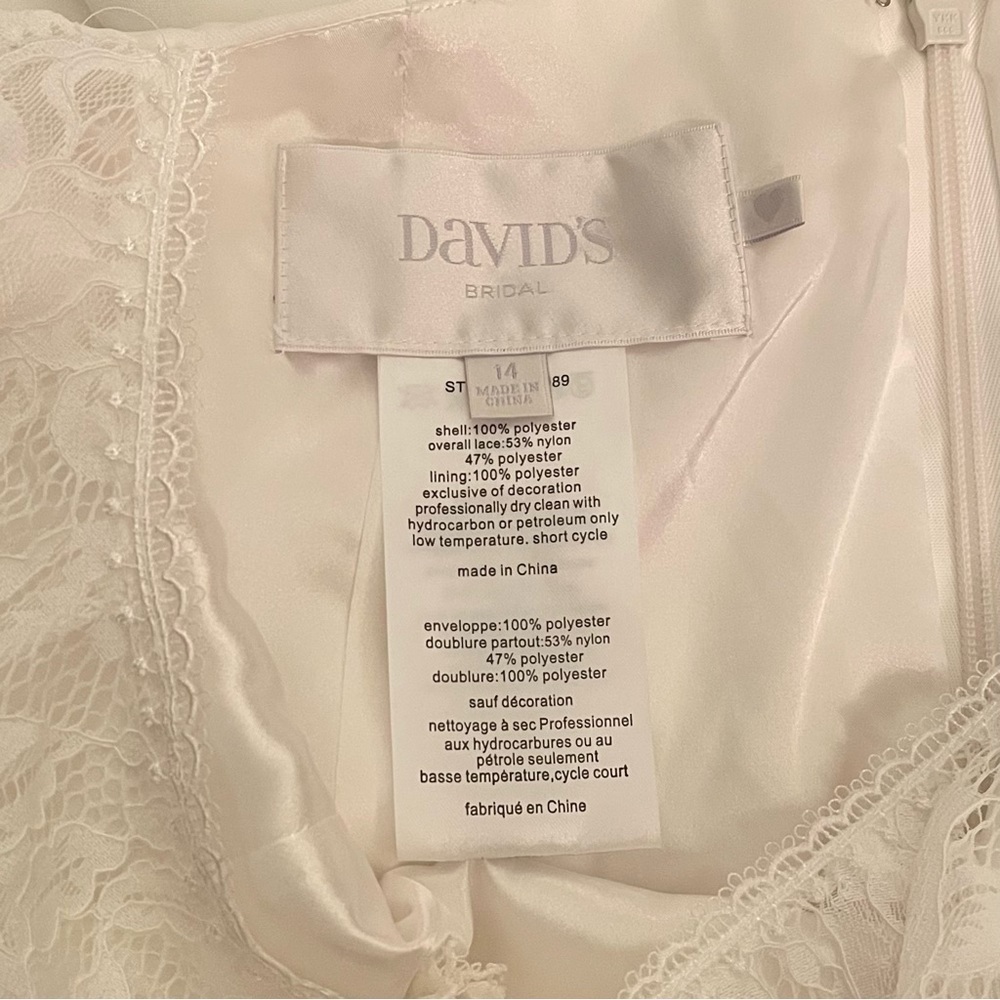 DAVID'S BRIDAL Sheer Back Crepe Wedding Dress with Lace Train - Picture 13 of 14
